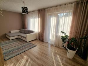 sala de estar con sofá y ventana grande en Apartment Kurši, en Kolka