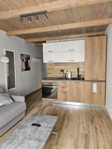 uma sala de estar com um sofá e uma cozinha em Moda Apartments 69 em Sestriere