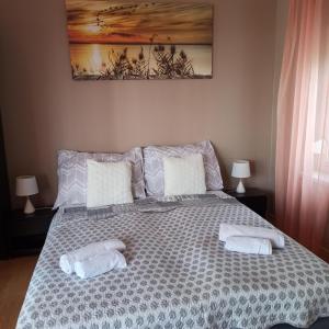 een slaapkamer met een bed met 2 kussens erop bij Peppy Apartment & Pool in Balatonfüred