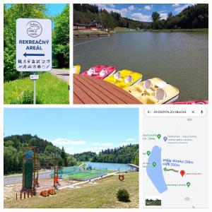 un collage de tres fotos de un lago con barcos en Horsky dom, en Levoča