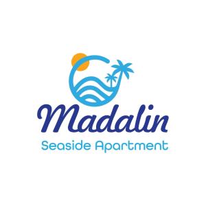 a logo for a beach resort with a palm tree and the ocean at Madalin Seaside Apartment in Vlorë