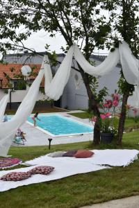 ein Bett im Gras neben einem Pool in der Unterkunft Infinity in Novi Sad