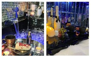 two pictures of a bathroom with a cake and a fountain at Grey Aqua Secret Apartament in Gdańsk