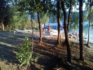 een groep mensen die op een strand met bomen staan bij Casa Laur cu plajă privată in Colibiţa