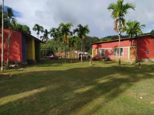 a yard with palm trees and a red building at Trident Jungle Stay in Dandeli