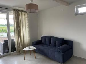 een blauwe bank in een woonkamer met een tafel bij Apartamenty Lawendowy Zakątek in Władysławowo