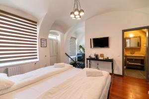 a bedroom with two beds and a desk and a tv at Demiani House in Sibiu