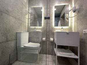 a bathroom with a toilet and a sink and a mirror at Hotel Halychyna in Ternopilʼ