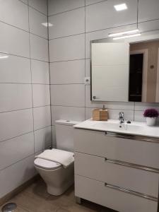 a bathroom with a toilet and a sink and a mirror at La Casona del Eboni in Alcalá de Henares