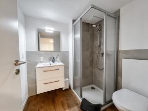 ein Bad mit einer Dusche, einem Waschbecken und einem WC in der Unterkunft Mountain Retreat Studio: Idyllische Ferienwohnung in Saas-Fee in Saas-Fee