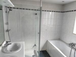 een badkamer met een douche, een wastafel en een bad bij bel etage woning in Gent