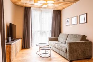 a living room with a couch and a tv at Zillertal Suites Fügen by ALPS RESORTS in Fügen