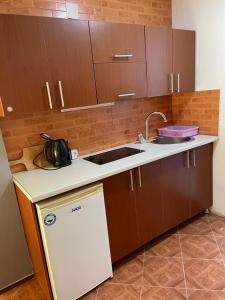 eine Küche mit Holzschränken, einer Spüle und einem Kühlschrank in der Unterkunft Apartments Sunpoint in Ulcinj