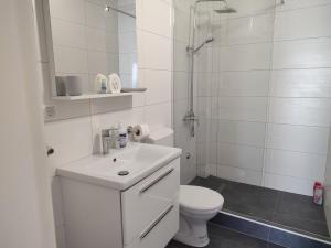 a white bathroom with a toilet and a sink at Apartment Mejdan in Mostar