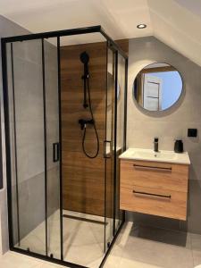 bagno con doccia, lavandino e specchio di Apartament Rewa House a Rewa