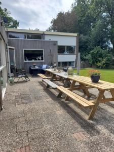 een picknicktafel in de achtertuin van een huis bij Vakantie Accommodatie Egelantier in Dwingeloo