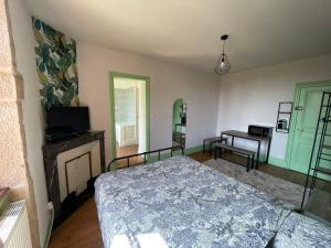 1 dormitorio con 1 cama, TV y mesa en Le Clos des Cadots - Chambre, en Chaintré