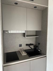 a kitchen with white cabinets and a sink at Hotel Sagitta in Geneva