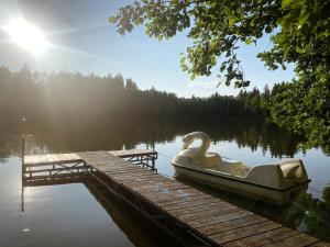 un bateau de cygne est garé à côté d'un quai dans l'établissement Komáří Louka, à Nová Olešná