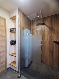 a shower with a glass door in a bathroom at Baumhaus und Tinyhaus in Mühlhausen