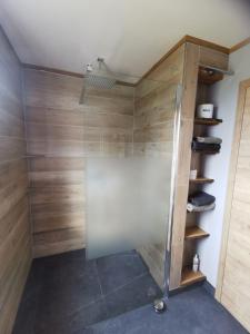 a shower in a bathroom with wooden walls at Baumhaus und Tinyhaus in Mühlhausen