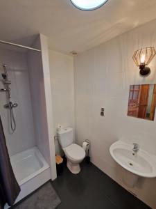 a white bathroom with a toilet and a sink at Gościniec Błogocice in Cieszyn