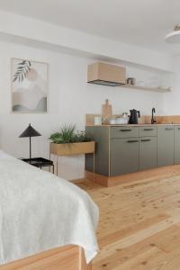 Il comprend une cuisine avec des murs blancs et du parquet. dans l'établissement Das Grüne Haus - Boutique Apartments ecofriendly, à Innsbruck