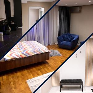 ein Schlafzimmer mit einem Bett und einem Treppenaufgang in der Unterkunft Valivillas Studio & Apartaments in Bukarest