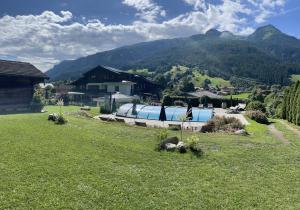 un champ d'herbe verte avec une maison et des montagnes dans l'établissement Hotel Senningerbräu, à Bramberg am Wildkogel