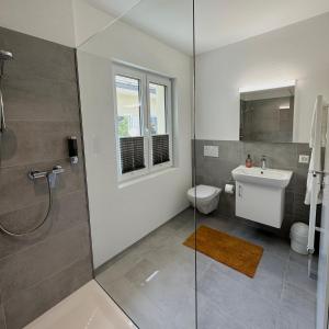 La salle de bains est pourvue d'une douche, de toilettes et d'un lavabo. dans l'établissement Hotel Rätia, à Ilanz