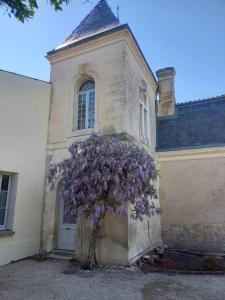 Un edificio con un mazzo di fiori viola sopra. di La Grelauderie 1 a Saintes