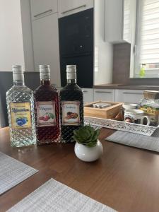 drie flessen alcohol op een tafel in een keuken bij Sara in Jajce