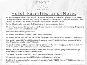 een brief van een hotel met informatie over de hotelfaciliteiten en -notities bij Dynasty Hotel in Tainan