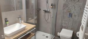 a bathroom with a shower and a sink and a toilet at APARTAMENT w PLATINUM MOUNTAIN in Szklarska Poręba