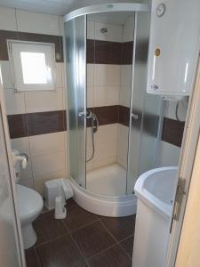 een badkamer met een douche, een toilet en een wastafel bij Vila Veronika in Ohrid