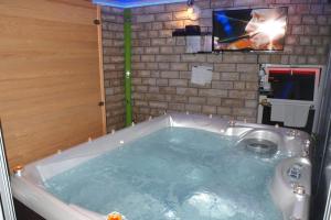 een jacuzzi met een tv aan een bakstenen muur bij Apartments and rooms by the sea Nin, Zadar - 5858 in Nin