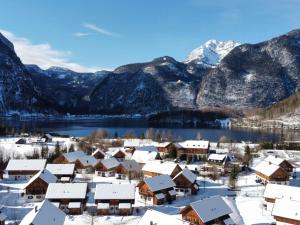 ein schneebedecktes Dorf mit Bergen im Hintergrund in der Unterkunft Beautiful Chalet in Obertraun with Garden in Obertraun