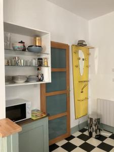 une cuisine avec une porte donnant sur la face. dans l'établissement CHACHACHA appartement de charme calme balcon 5pers 4étoiles, à Mulhouse