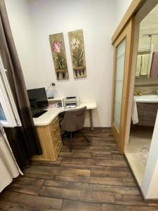 a bathroom with a desk with a computer on it at Robert's Apartment in Celje