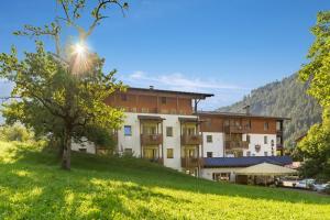 un edificio en una colina con un árbol en primer plano en Hotel Gasthof Adler, en Sankt Gallenkirch