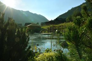 vistas a un lago con casas y una montaña en Hotel Gasthof Adler, en Sankt Gallenkirch