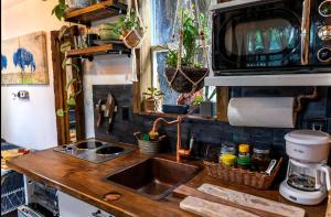 a kitchen counter with a sink and a microwave at Cozy AF Tiny-House Oasis in Tampa