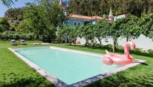 einen Pool mit einem rosa aufblasbaren Flamingo vor einem Haus in der Unterkunft Torres da Vila in Anadia