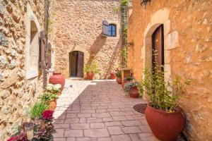 eine Gasse mit Topfpflanzen in einem alten Gebäude in der Unterkunft Samonas Traditional Villas in Samonás