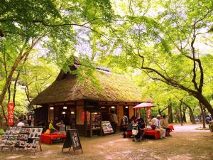 奈良奈良小町宾馆的一座茅草屋顶的小建筑,外面有人坐在