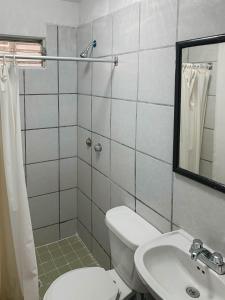 a bathroom with a toilet and a sink and a shower at Departamentos 1E in Puerto Vallarta