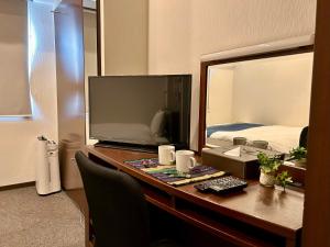 een slaapkamer met een bureau, een televisie en een bed bij Cypressinn Tokyo in Tokyo