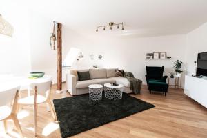 uma sala de estar com um sofá e uma mesa em Deichstadt Apartments em Neuwied