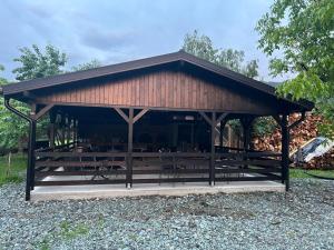 een groot houten paviljoen met een tafel bij Casa Firuta Borsa in Borşa