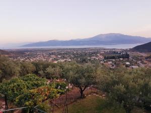 Blick auf eine Stadt von einem Hügel mit Bäumen in der Unterkunft Σπίτι με θέα in Nafpaktos